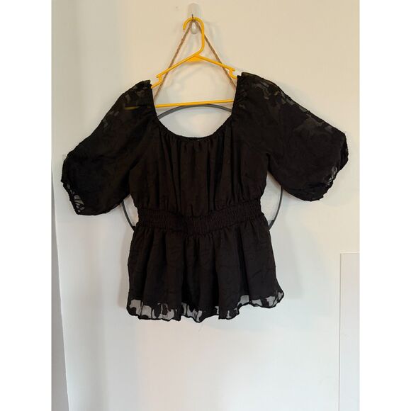 Grace Karin Peasant Style Top Sz XL Black Lacy Lined Sheer Balloon Sleeves Boho - Picture 3 of 6